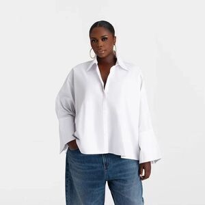 KBB by KAHLANA Women's Long Sleeve Button Down 'The A-Line Shirt' - White 2X
